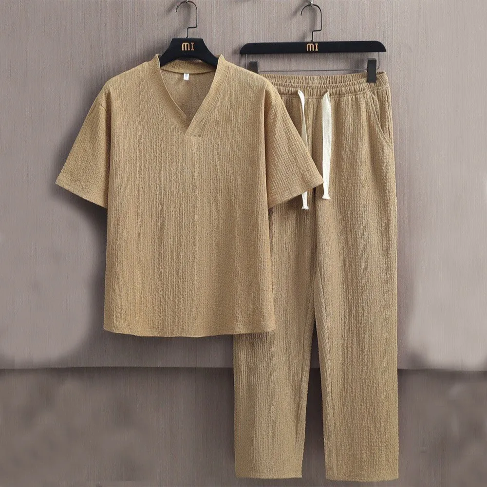 

Весенне-осенние новые повседневные женские брюки с v-образным вырезом и короткими рукавами, комплект из 2 предметов, простые брюки с длинными рукавами и эластичной резинкой на талии, комплект из двух предметов