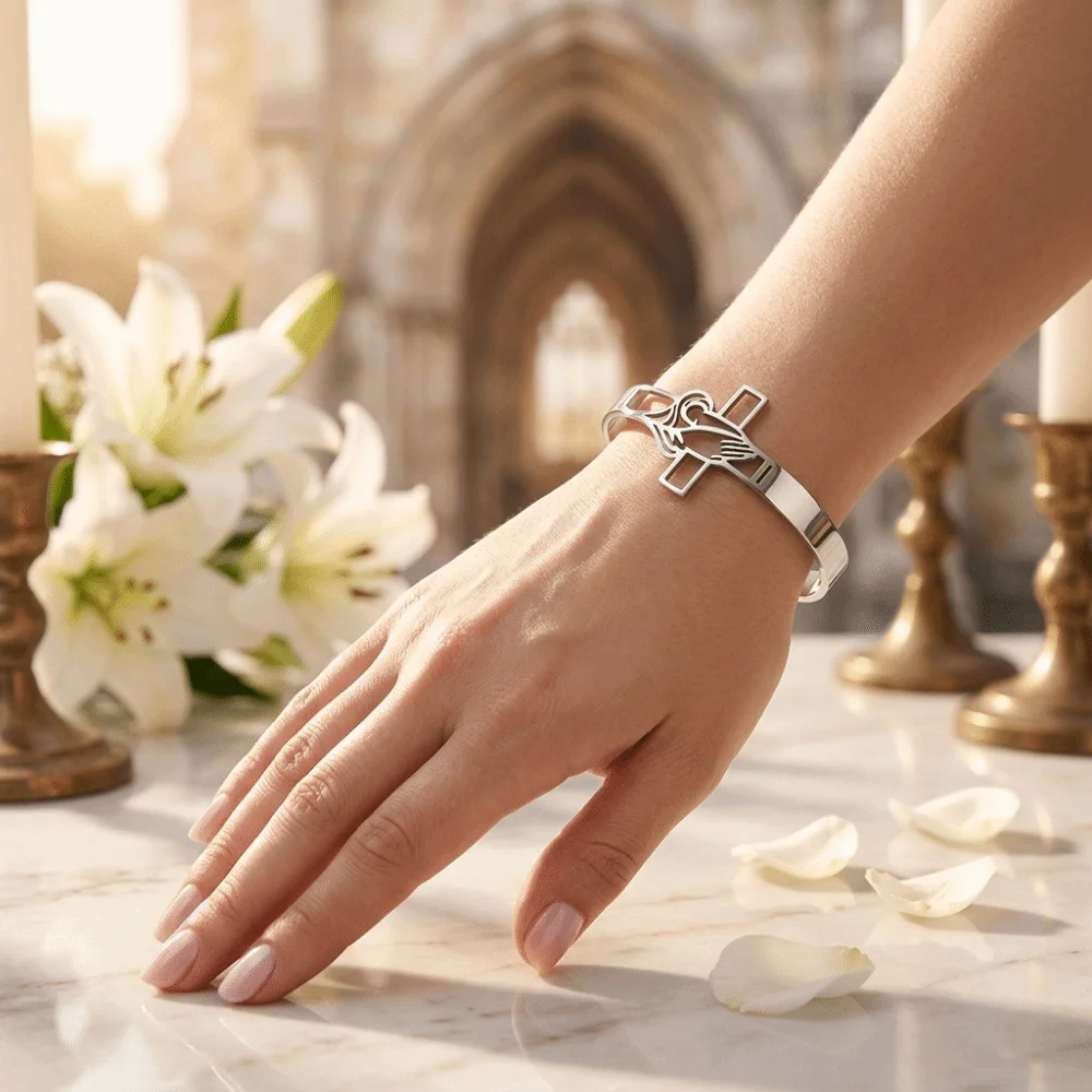 Polished Stainless Steel Cross Bangle Tarnish-Resistant Open-Ended Design Cuff Bracelet Timeless Appearance Skin-Friendly