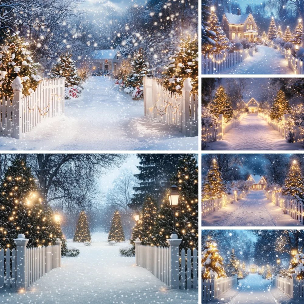 

Photography Background Winter Christmas Forest Fence Snowy Xmas Tree Kids Family Portrait Decor Backdrop Photo Studio