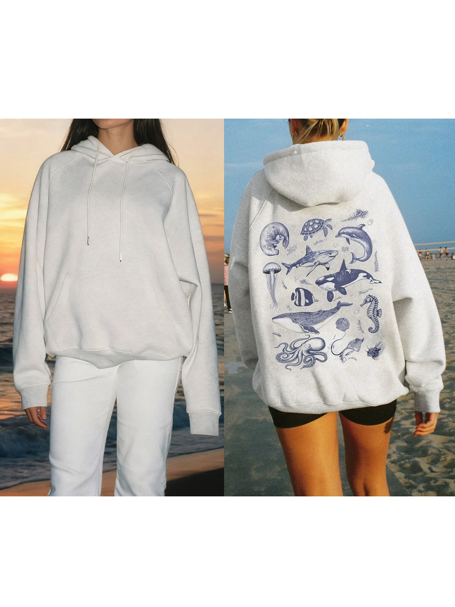 سويت شيرت نسائي كبير الحجم بغطاء للرأس، بلوفر أنيق بطباعة المحيط بأكمام طويلة لملابس الشاطئ والراحة اليومية في الخريف