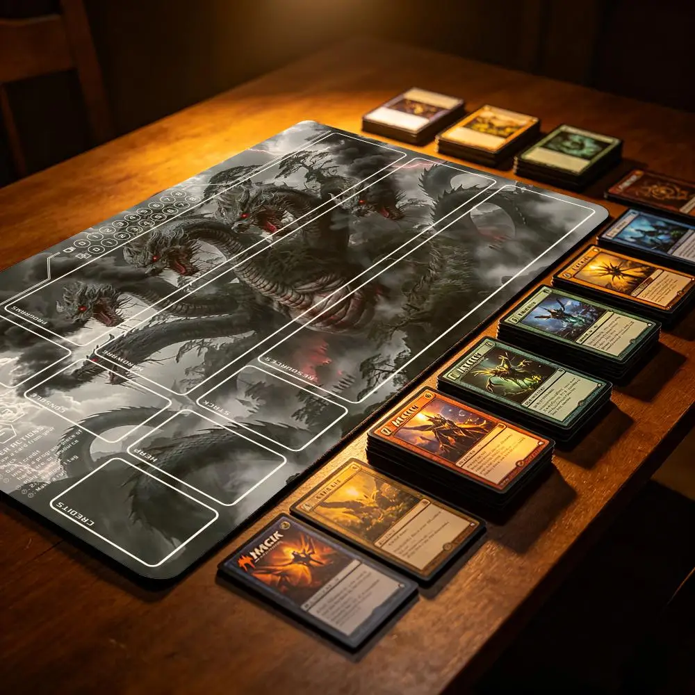 Multi Headed Hydra Dragon TCG Playmat With Printed Zones, Anti-Slip Rubber Card Game Mat For Trading Card Games, 24x14 Inch