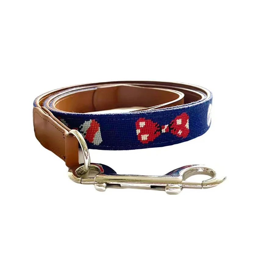Custom Embroidered American Flag Pet Supplies Adjustable Size Genuine Leather Dog Leash