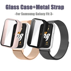 Glass Case+Metal Band For Samsung Galaxy Fit 3 Strap Screen Protective Cover For Samsung Galaxy Fit 3 Bracelet Watchband