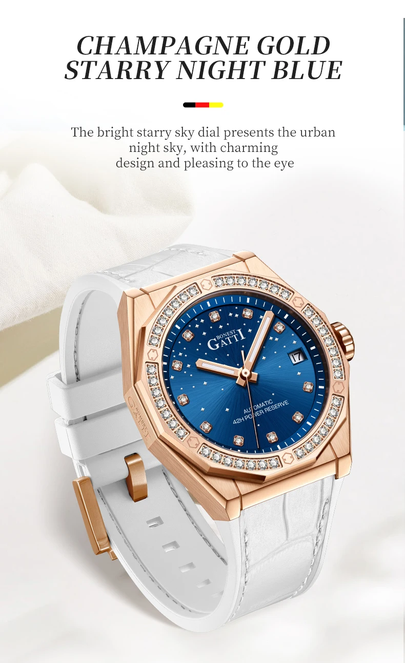 BONEST GATTI Women Automatic Watch Luxury Ladies Watches  Mechanical Wristwatch Sapphire Leather Strap Austria Crystal Bezel