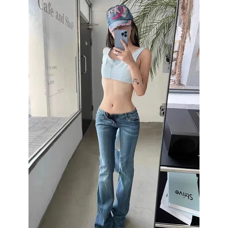 Vintage Flare กางเกงยีนส์ Low Rise ผู้หญิงเซ็กซี่แฟชั่นล้าง Jean กางเกง cyber Denim กางเกงเกาหลี 2025