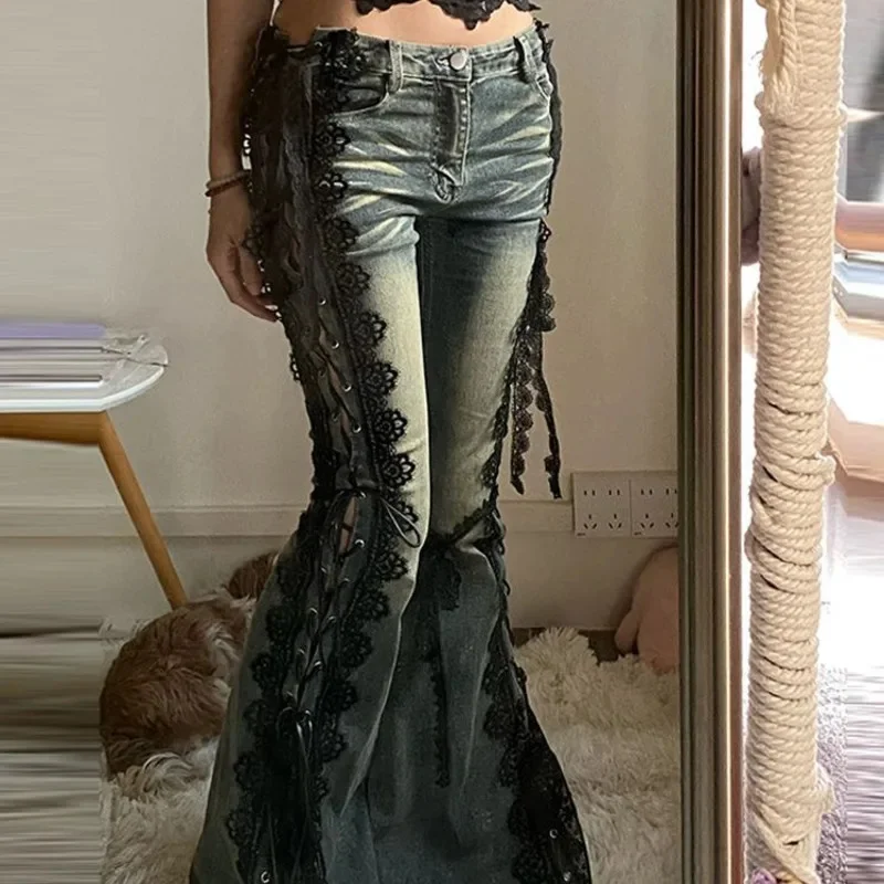 Denim Pants Girl Y2K Gothic Black Lace Up Flare Jeans High Waist Split Bell Bottom Denim Pants Streetwear Long Trousers Pants