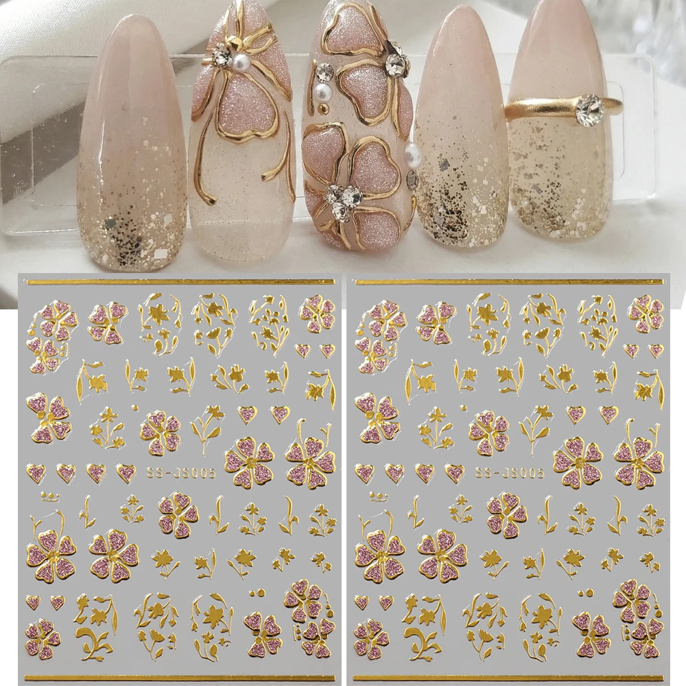 

2Pcs Gold Pink Glitter Nail Art Stickers Japanese Style Flower Leaf Decals Adhesive Luxury Manicure DIY Slider Nail Decorations