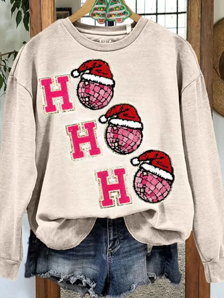 Drauuing Christmas Print Women Round Neck Top Santa Claus Patchwork Long Sleeve Hoodies Autumn Winter Female Party Pullovers New