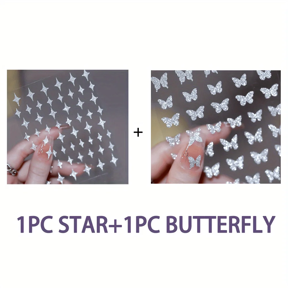 2 pezzi di glitter argentati farfalla / stelle design adesivi per nail art forcina autoadesiva decorazione della cassa del telefono cellulare accessorio fai da te