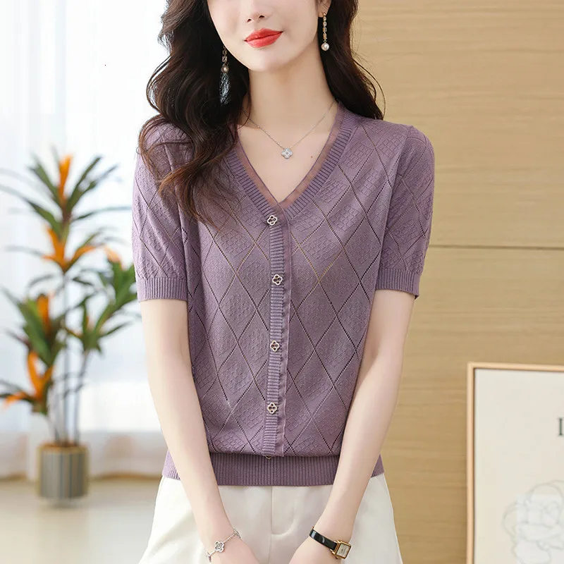 TuangBiang Summer Lace Hollow Out Pullover Cotton 2023 Diamond Button V-Neck Short Sleeves Knit T-Shirts Women Autumn Thin Tops