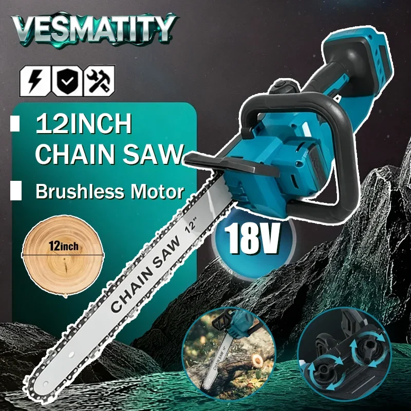2200W brushless electric chainsaw 12 inch rechargeable cordless for garden pruning and wood cutting for 18V 20V battery