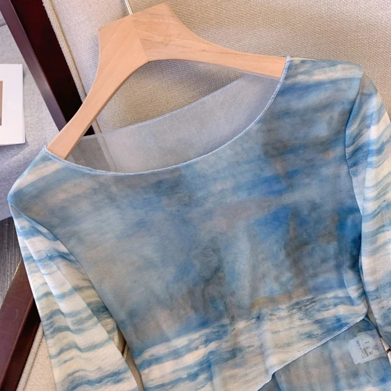 American Retro Tie Dye Me Long Sve T irt Dames Zomer Nieuw Klein Design Sensation Slim Fit ort Sle Zonnebrandcrème Top