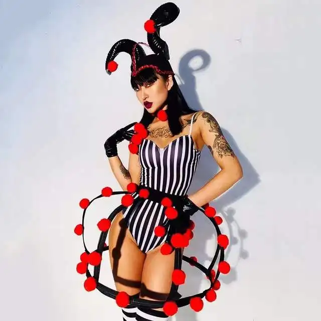 

Circus Clown Party Show Stage Clothes Black White Striped Bodysuit Ox horn Headdress Outfit Nightclub Bar Dancer Women Costume