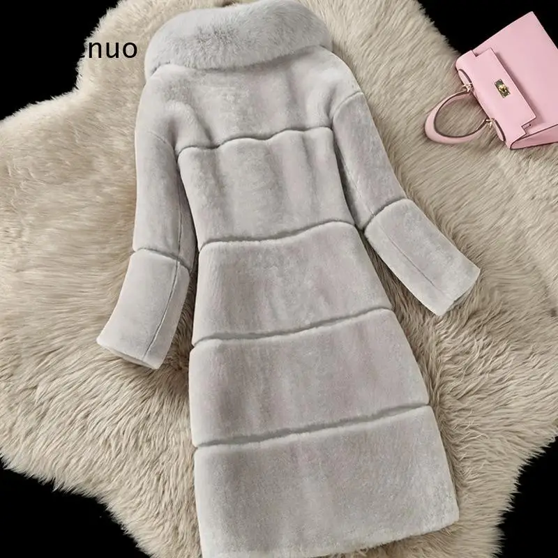 Women's Wool Fleece Coat Faux Fox Fur Collar Medium Long Winter Warm Outerwear Elegant Jacket for Daily Work Travel