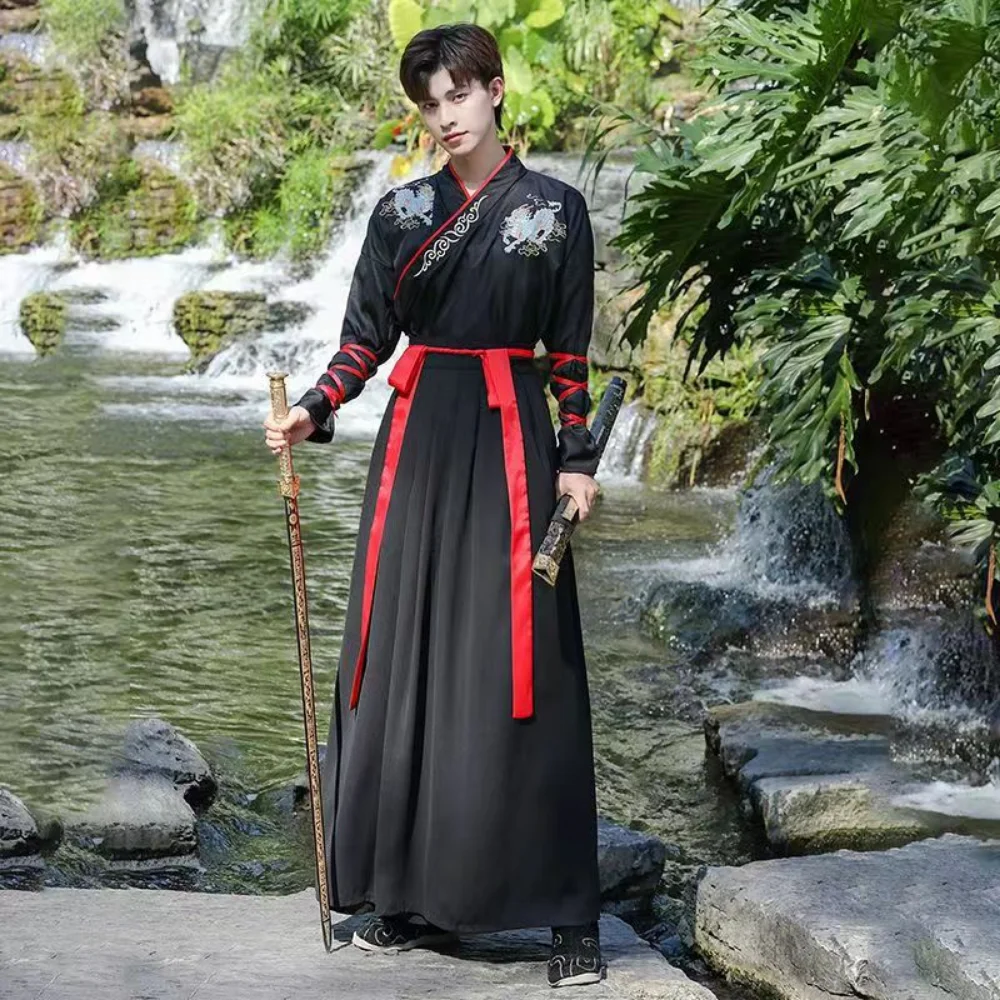 Kostum Cosplay tradisional Cina kuno pakaian Pria Wanita Ming Dynasty Hanfu pria pedang mainan hitam pria Hanfu untuk Halloween