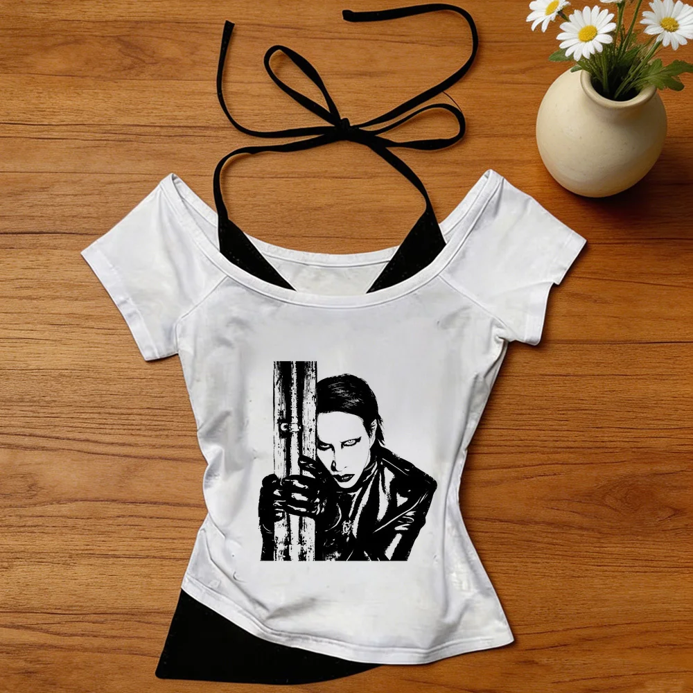 Marilyn Manson cropped top teen goth funny japanese graphic gothic shirt funny vintage grunge emo streetwear