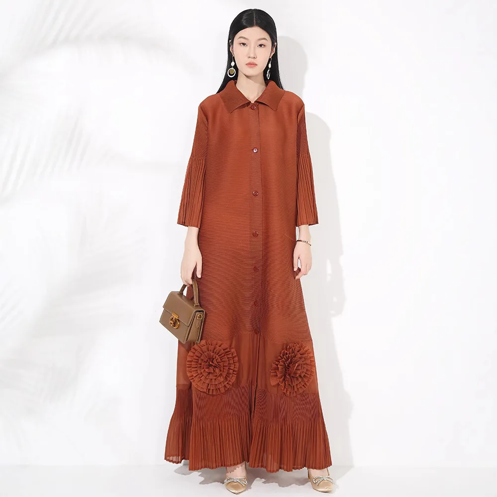 Miyake Fashion Print Pleated Long Dress Women Lapel Floral Sleeves Design Single Breasted A-line Dresses 2025 Summer New