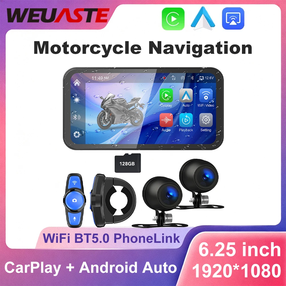 

6,25-дюймовая беспроводная система GPS-навигации Carplay для мотоцикла с Carplay и Android Auto, портативный видеорегистратор с экраном автомобиля для мотоцикла