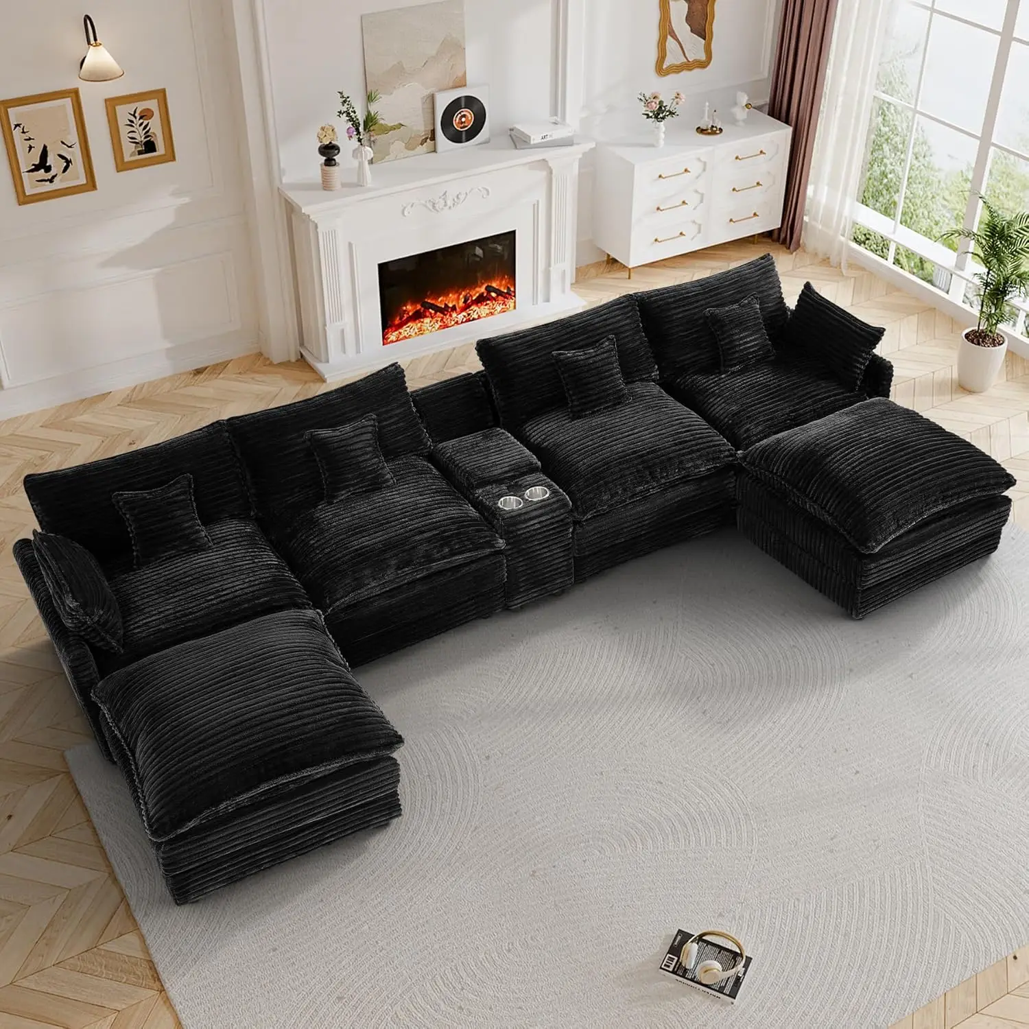 

145" Oversized U Shaped Modular Sectional Sofa with Ottoman, Comfy Fluffy Soft Corduroy, Large Cloud Couch with USB, Customized