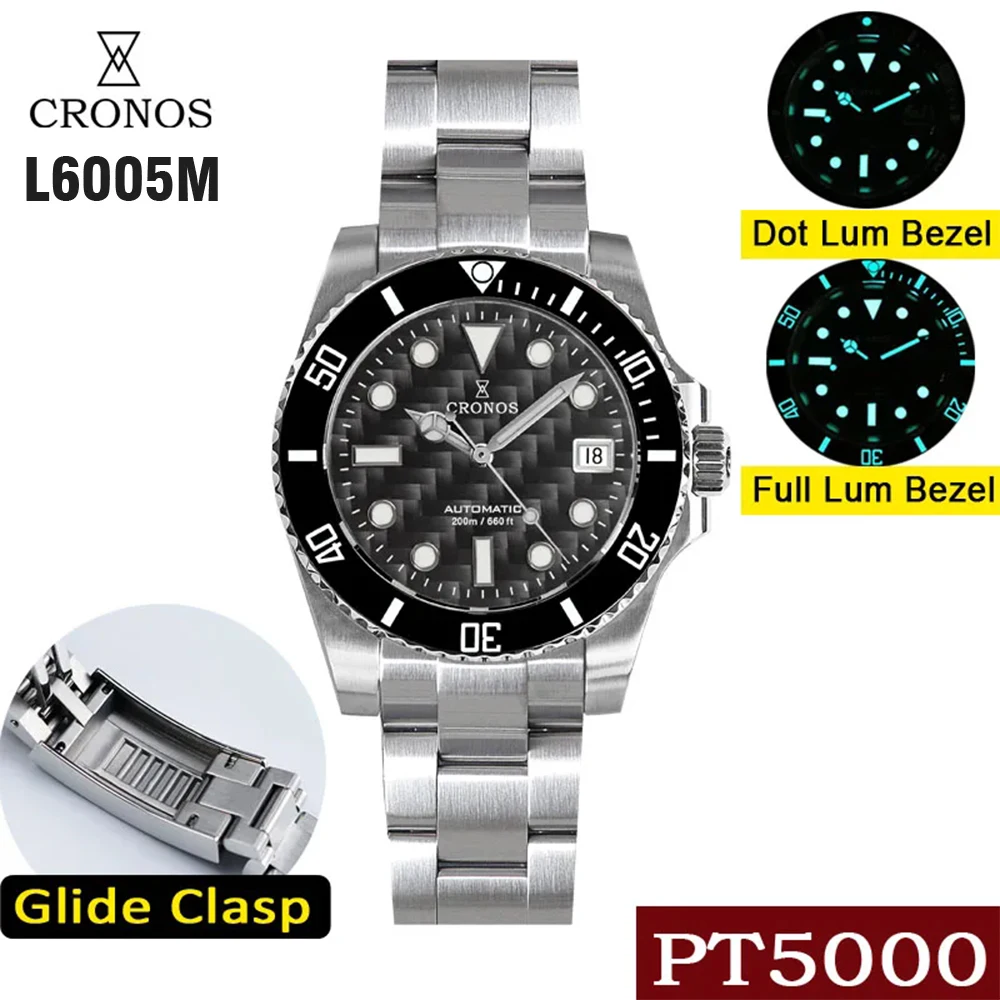 

Cronos Sub Diver Men Watch Gradient Black Fade Blue Bracelet Ceramic Bezel 200 meters Water Resistant Glideclasp L6005 V3