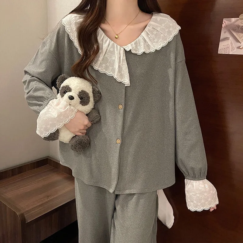Autumn Women Pajamas Solid Color Simple Pyjamas Round Neck Lace Edge Nightdress Velvet Long Sleeve Sleepwear Warm Home Wear Set