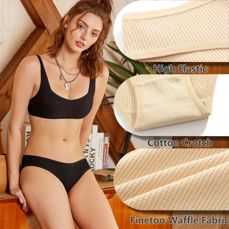 3PCS/Set Women Waffle Cotton Panties Sexy Low Rise Briefs Cotton Soft Underwear for Female Solid Color Intimates Lingerie S-XL