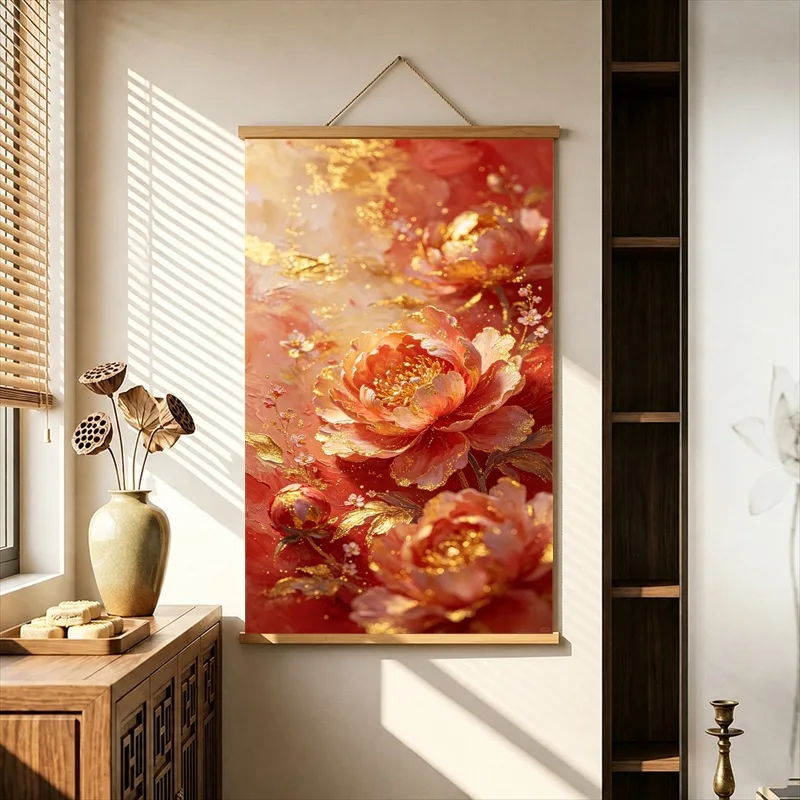 Wall Decor Red Gold Peonies in Layered Relief, Pearlescent Canvas Hanging Scroll for Jewelry Display Backdrop Interior Decor