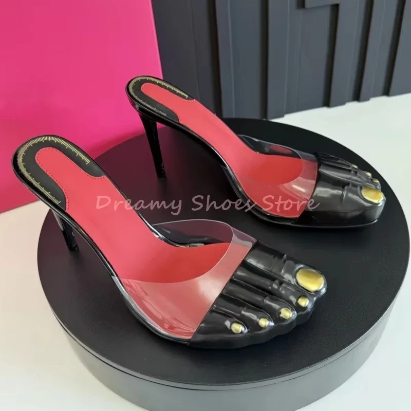 

Gold Five Toes Leather Stiletto Mules Slippers Women Patchwork Pvc Slip On Closed-Toe Slippers Fashion Trendy Party Catwalk Shoe