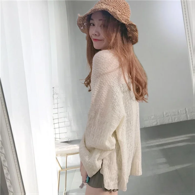 Women Autumn Korean Loose Solid Color Hollow Out Long Sleeve Knitwear Women Clothes Office Lady All-match Trend Knitting Coat