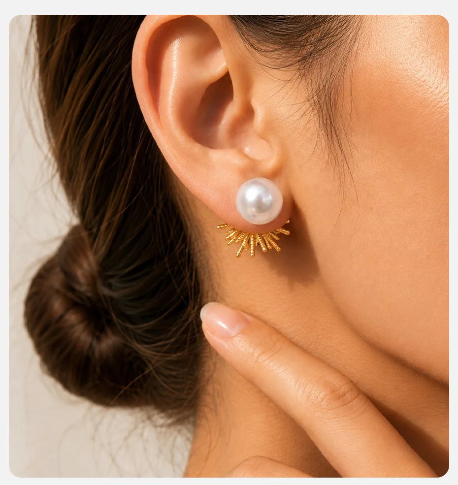 Vnox Trendige Luxus-Kristall-Feuerwerk-Ohrstecker für Damen, vergoldete Imitationsperlen-Ohrringe, eleganter Ohrschmuck mit Charakter. – Detail 2
