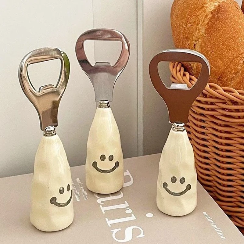 

Cute Smiley Face Bottle Opener With Ceramic Handle Stainless Steel Kitchen Tool For Beer Soda Party Essentials Fun Gifts Home