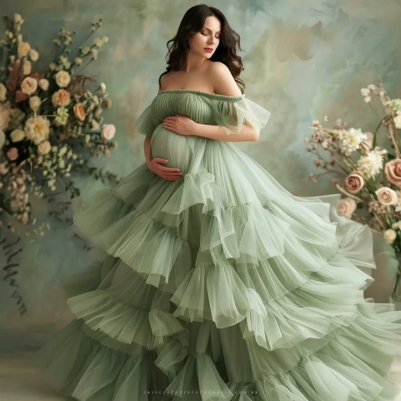 

Light Green Mermaid Maternity Dresses Off The Shoulder Ruched Vestidos De Fiesta Sleeveless Tiered Photoshoot Babyshower Gowns