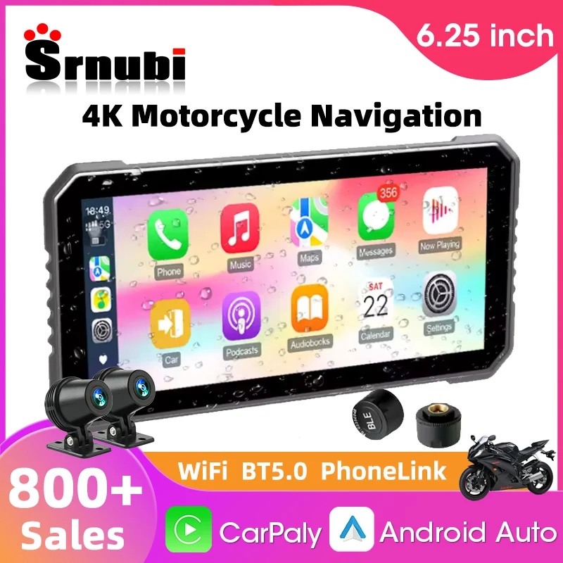 

Srnubi 6.25" Portable Digital Motorcycle Dashboard GPS Navigation Display Screen Wireless CarPlay Moto Android Auto TPMS Monitor