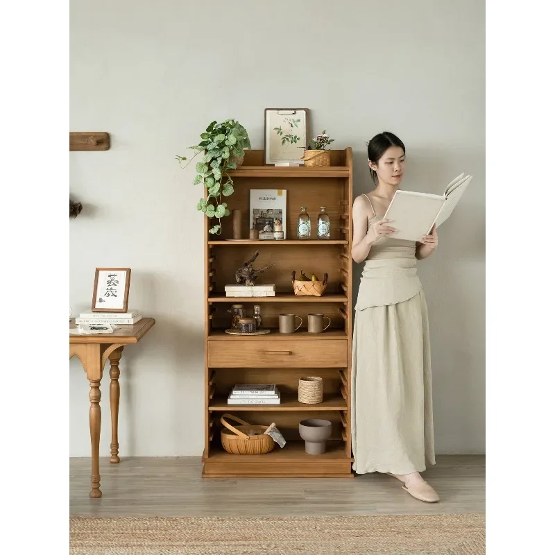 Log floor-to-ceiling display cabinet Multi-layer storage cabinet Living room study locker Movable solid wood furniture cabinet