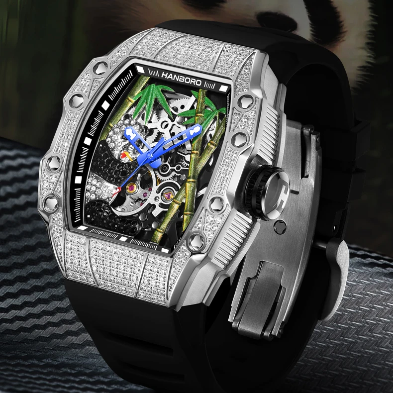 HANBORO Men Automatic Watch 50mm Tonneau Mechanical Wristwatch Luminous 5ATM Waterproof Skeleton Panda Dial