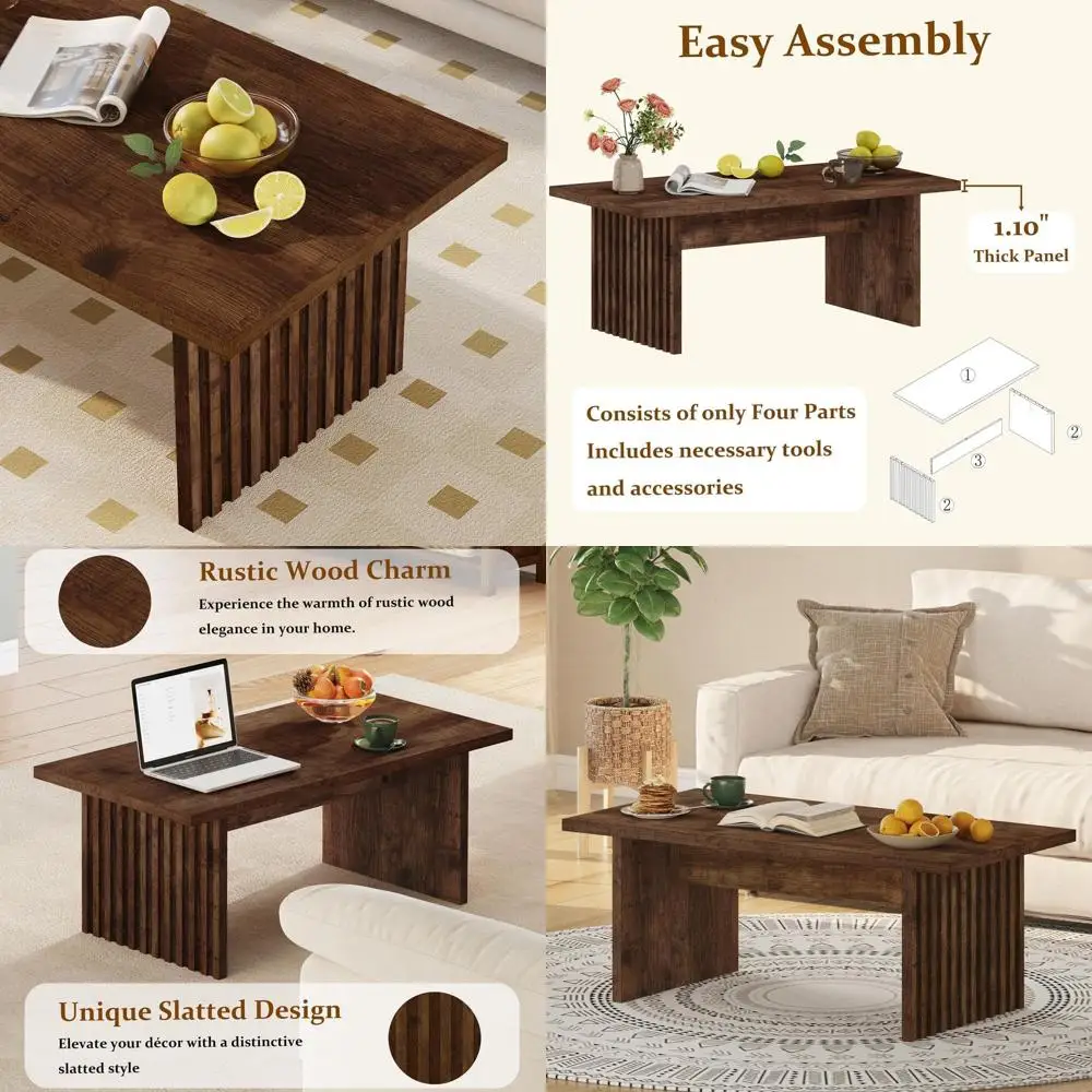 Rustic Oak Farmhouse Coffee Table, 43 Rectangle Mid-Century Style, Unique Panel Design