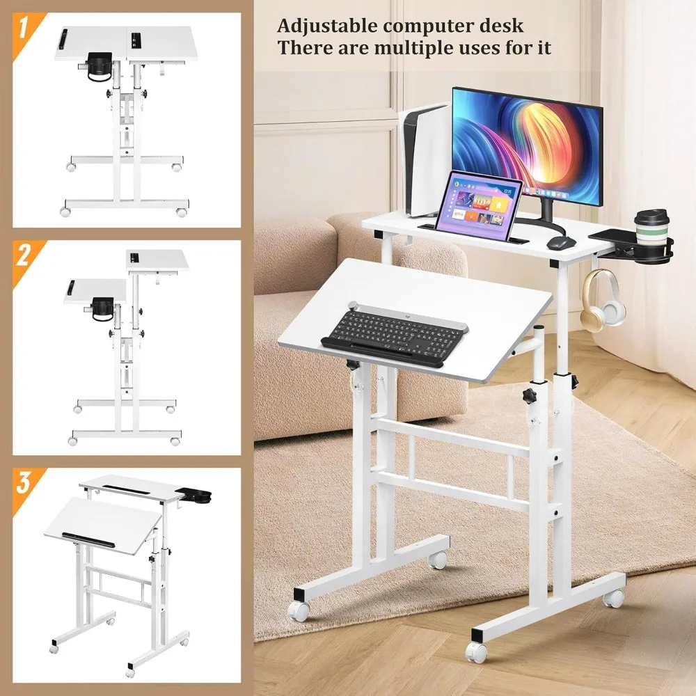 Portable Rolling Standing Desk with Wheels, Mobile Adjustable Height Desk, Compact Stand-Up Desk for Office and Walking Pad Use