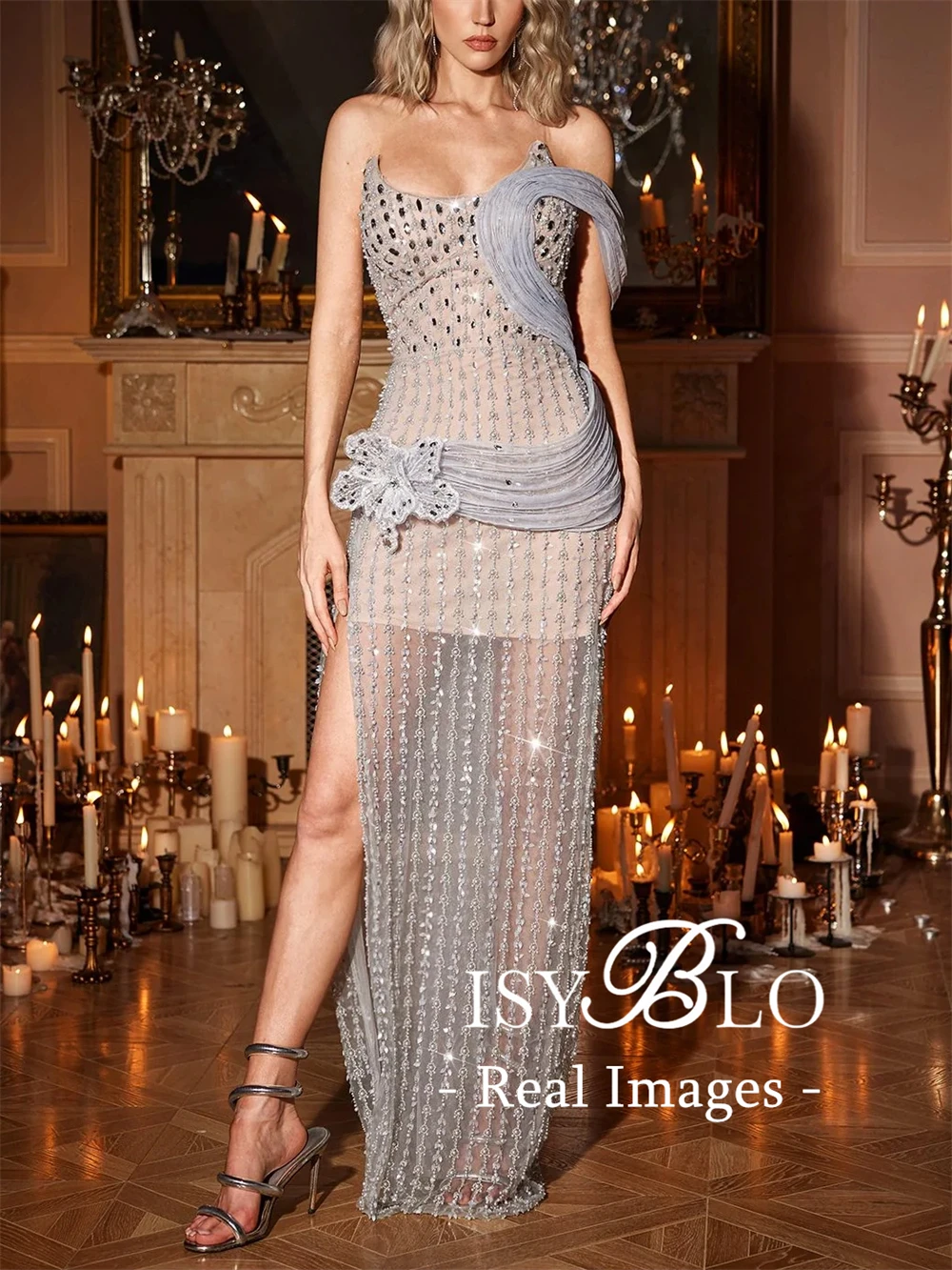

ISYBLO Beaded Maxi Dresses Strapless Illusion Sheath Evening Dresses with Real Images Luxury Women's Party Prom Gowns