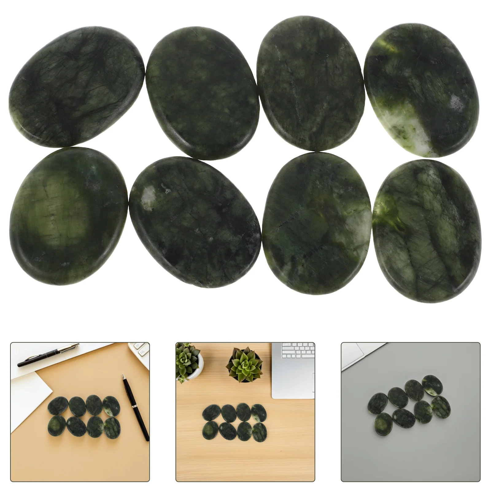 

8Pcs Oval Green Jade Massage Stones Heated Relaxation Stone for Spa Therapy Facial Guasha Muscle Recovery