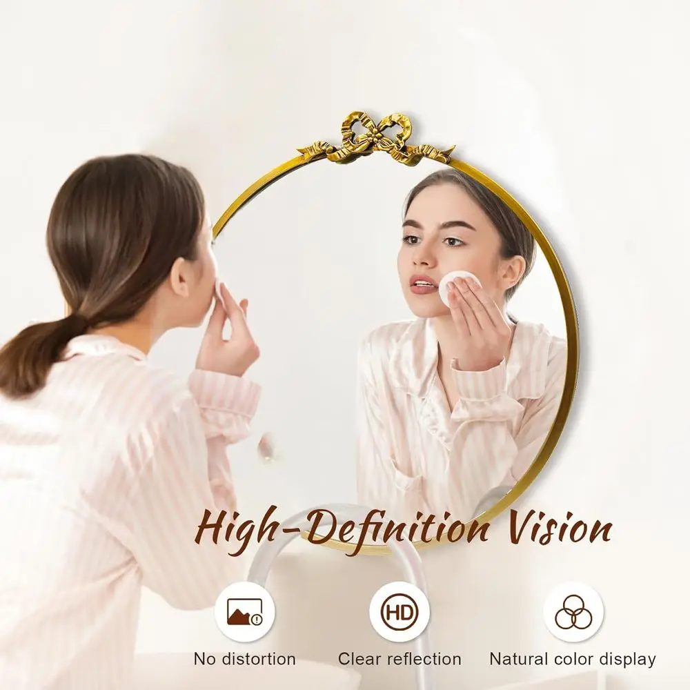 Antikgoldener runder Spiegel für Badezimmer-Waschtisch, dekorativer runder Wandspiegel mit verziertem Metall, geeignet für die Inneneinrichtung im Kleid