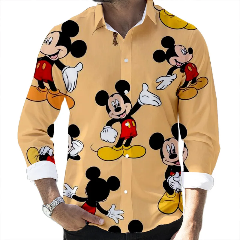 2022 Fall New Disney Donald Duck Mickey and Goofy Brand Cartoon Casual 3D Printed Long Sleeve Lapel Shirt Slim Fit Men\'s Top