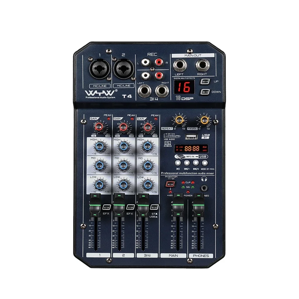 

4 channels professional audio video mixer for dj with sound card