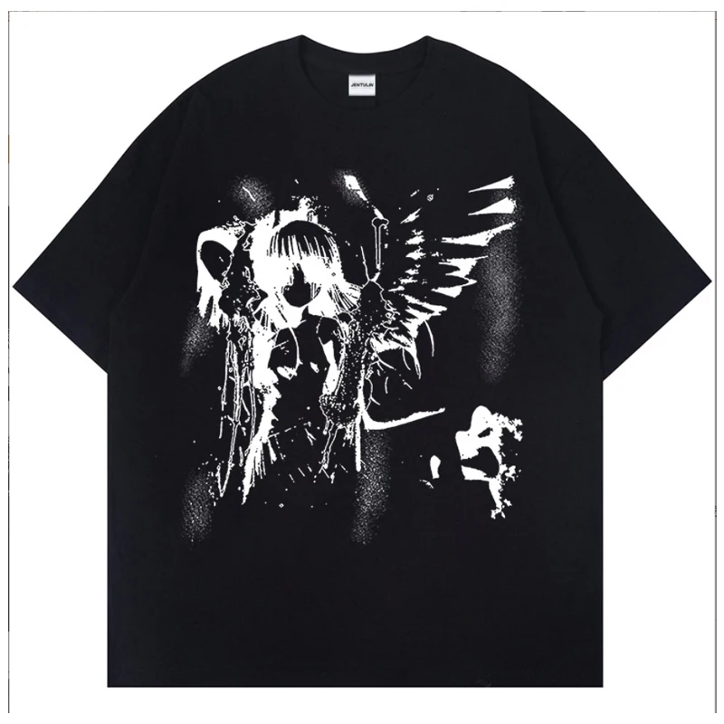 Retro Angel Print Short-sleeved Women T-shirt Summer  Harajuku Casual   Loose Cotton Oversize Women's T-shirts Female Clothing