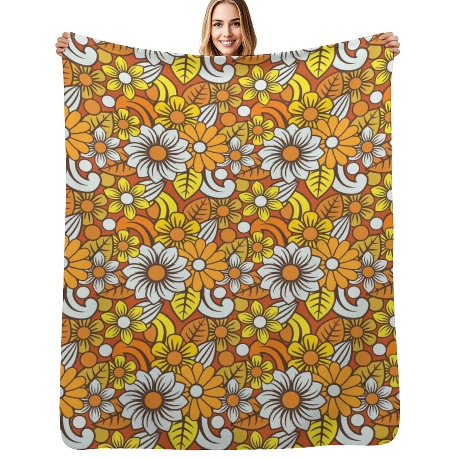 

Retro 70s Flower Pattern Throw Blanket Furry Retros Bed Blanket