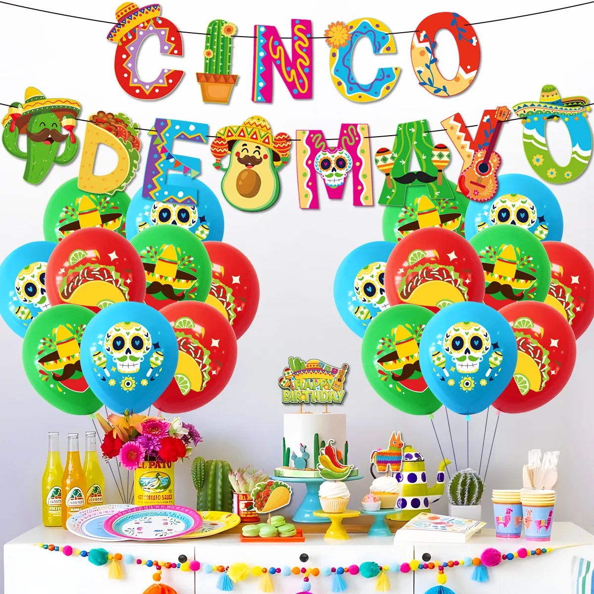 Set de Decoraciones para Fiesta del Cinco de Mayo, Artículos para Fiesta Mexicana, Pancarta, Globos, Adornos para Pastel, Accesorios para Fotomatón, para Cumpleaños y Carnaval