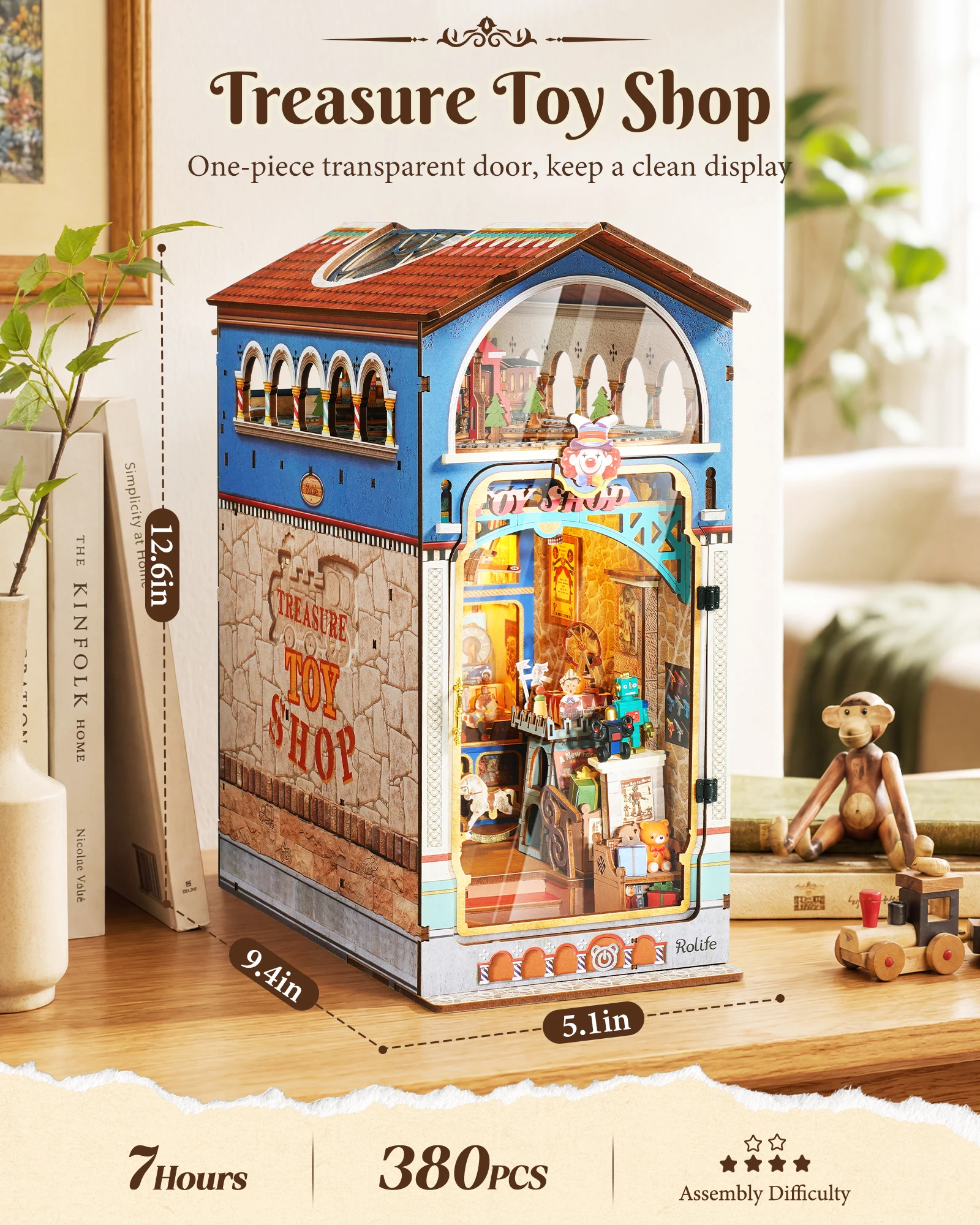 Rolife DIY Book Nook Kit 3D Puzzle Treasure Toy Shop Wooden Bookends Craft Kit with LED Light for Bookshelf Decor Brain Teasers Dollhouse Jigsaw for Holiday Gift
