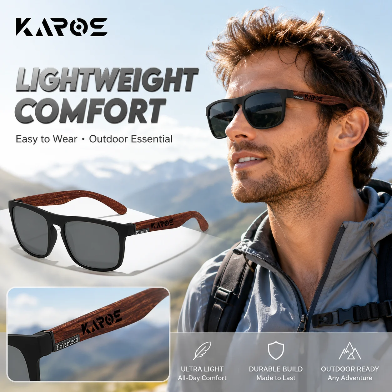 KAROS Polarisierte Sonnenbrille für Männer und Frauen, quadratischer Rahmen, Holzmaserung, Bügel, blendfrei, zum Fahren, Angeln, Outdoor-Brillen, YZ24