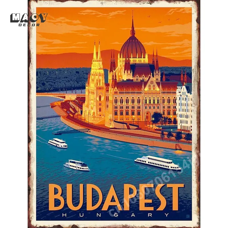 مدينة الشهيرة المشهد Vintage ملصق القصدير علامة معدنية جدارية بودابست مالطا سيدني جدار الفن ديكور لغرفة المعيشة المنزل لوحات معدنية #2