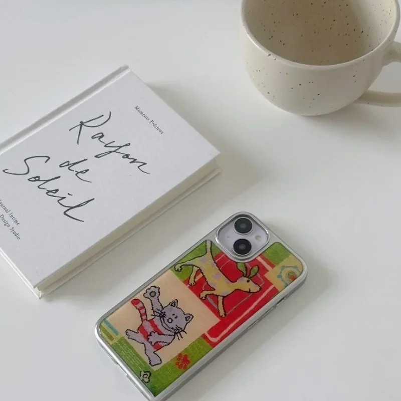 Ins Nischen-Retro-karierte, niedliche und lustige Katzen-/Hundedrucke, schwarz/silberne, stoßfeste Handyhülle mit Rand für iPhone 17, 16, 15, 14 Pro Max