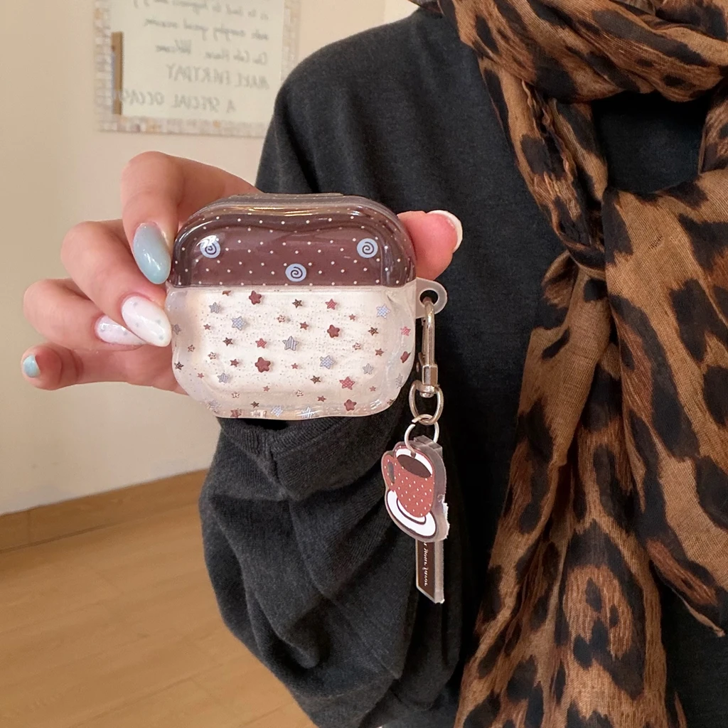 Vintage Brown Polka Dot Stars Splicing Wavy Edge With Pendant Shock Proof Earphone Cover Case for AirPods 1 or 2 3 4 5 Pro 2 3